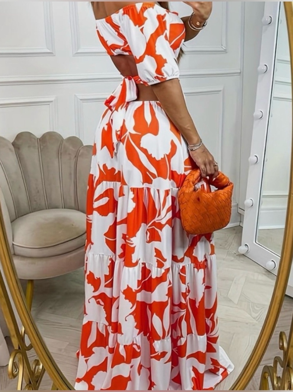 Women's Orange and White Off the Shoulder Maxi Dress, Size XL - Picture 2 of 8
